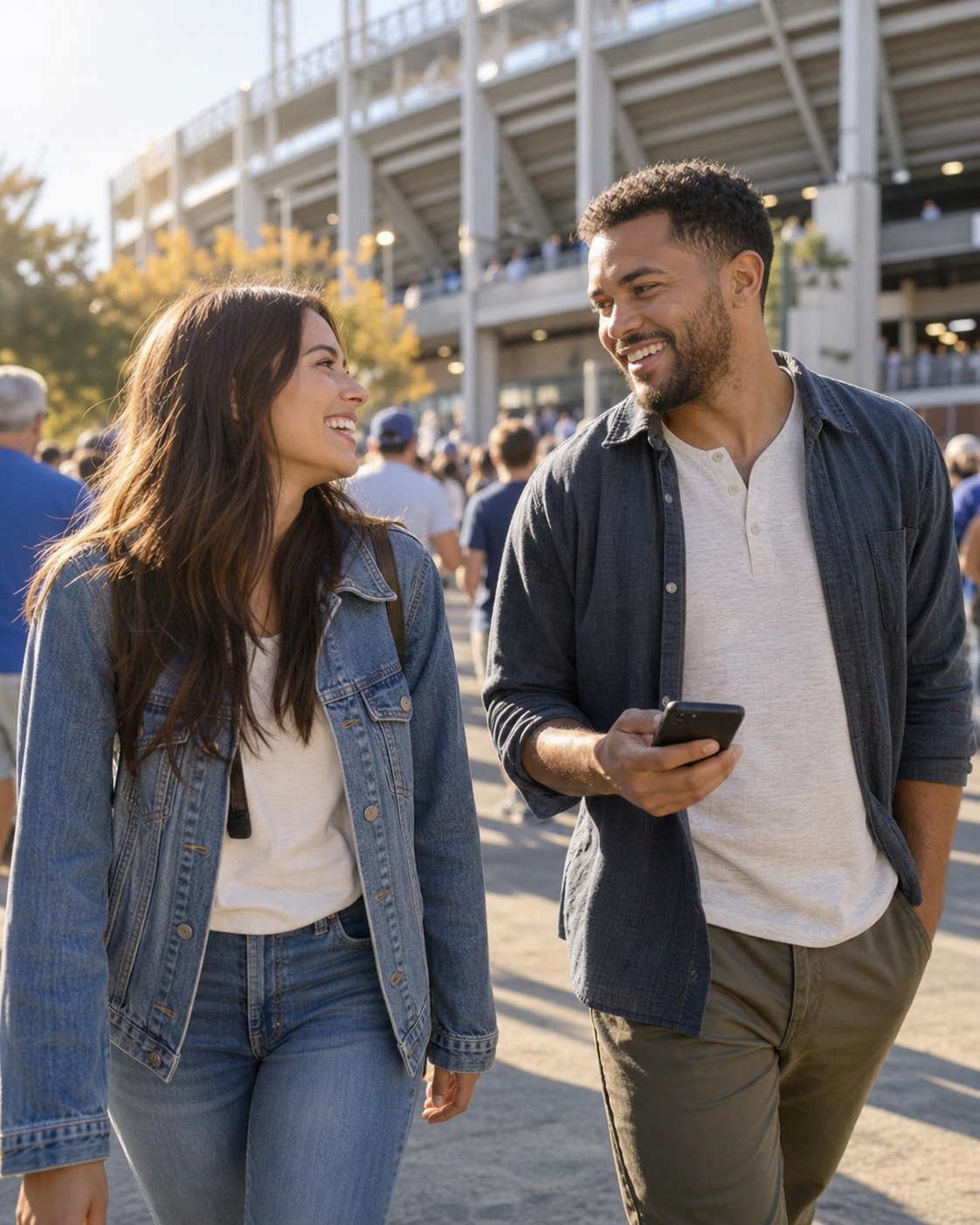 Illustrative scene of two adult friends meeting outside a stadium, one holding a phone.